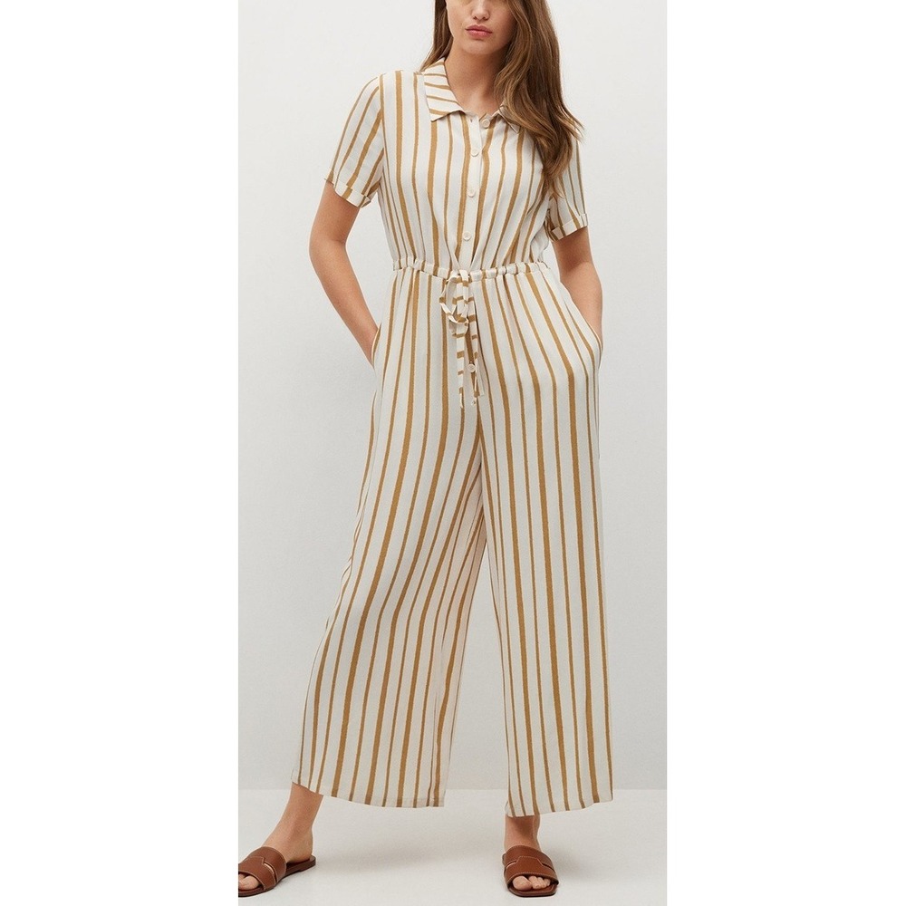 Mango one-piece Suit Ray striped jumpsuit button down cinched‎ waist Sz S